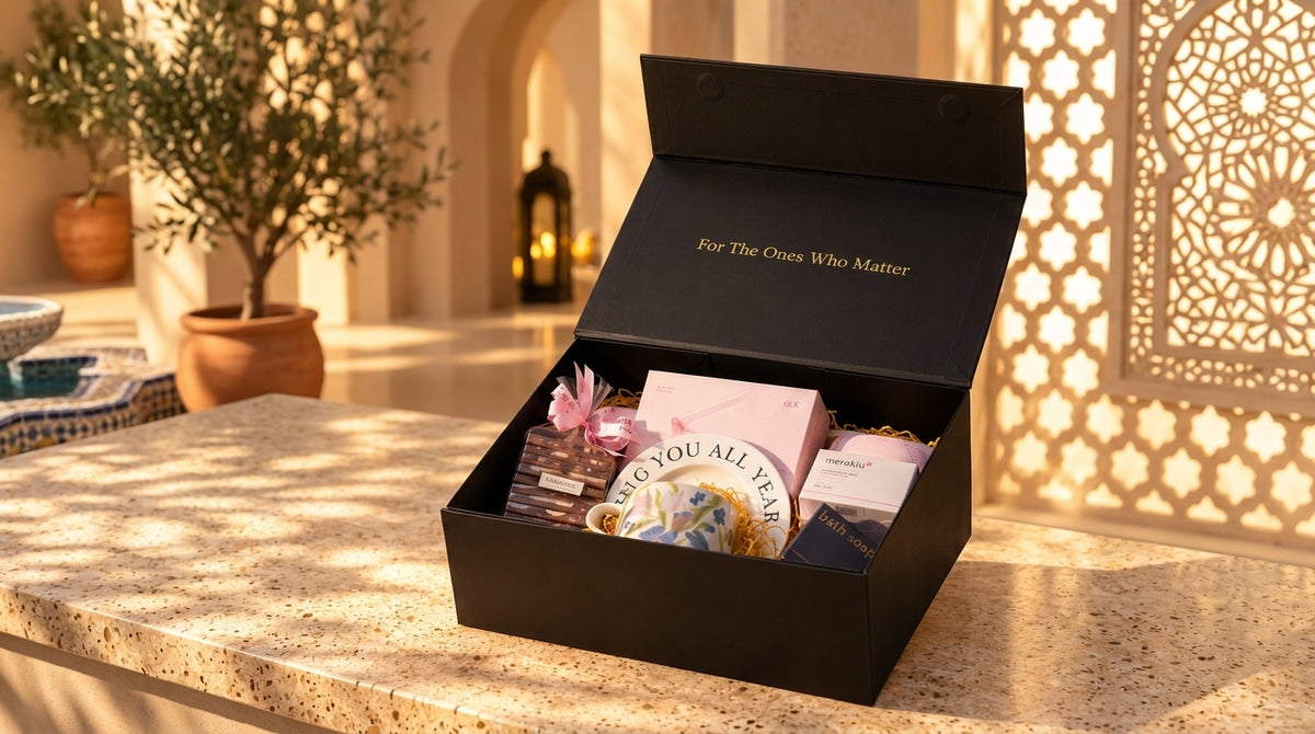 Gifts & Kin black gift box with a personal card